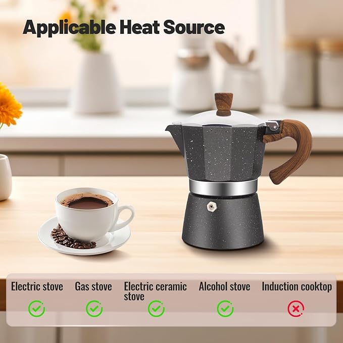Vaolvpant 6 Cup Aluminum Moka Pot Classic Stovetop Espresso Coffee Maker 300ml 10oz Coffeemaker Percolator Mocha Pot Greca Coffee Maker Cafe Makers for Italian and Cuban Café Brewing Gray