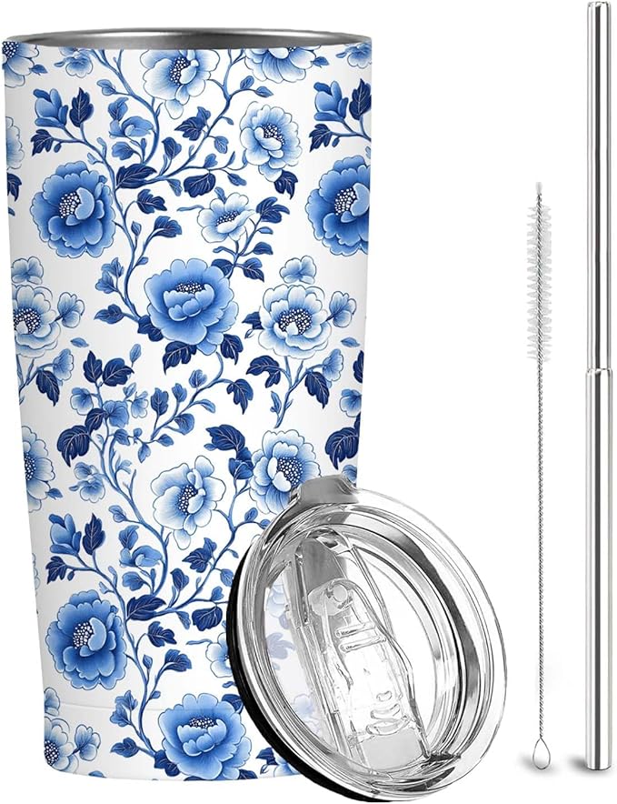Blue Floral Tumbler 20 oz | Stainless Steel Travel Tumbler with Lid and Straw | Flower Coffee Mug for Hot & Cold Drinks | Gift for Mom Grandma | Vintage Tea Cup
