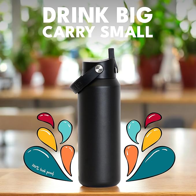 Elemental 40oz Insulated Water Bottle with Straw - 100% Leak-Proof Stainless Steel Core Water Bottles for Travel, Sports and Gym - Double Wall Insulation & BPA Free - Black