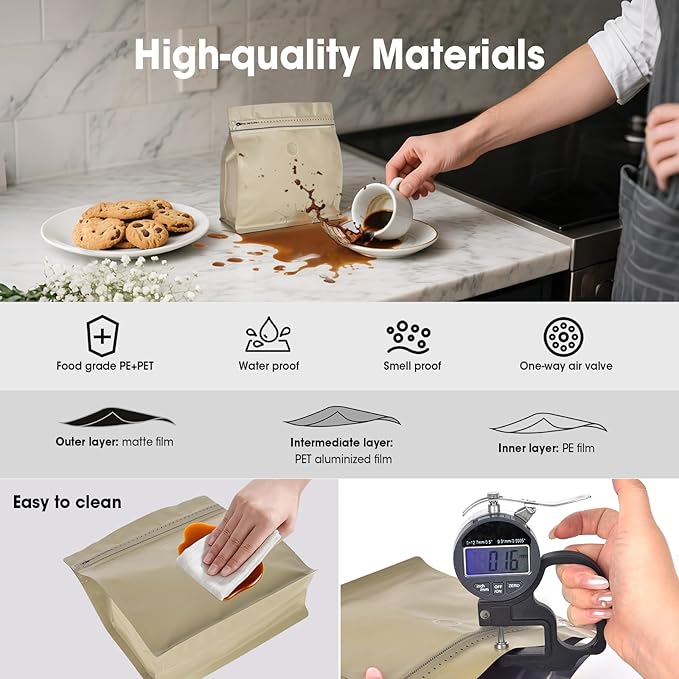 50 Count 16oz Coffee Bags with Valve,1lb Vented Coffee Beans Packaging Bags High Barrier Aluminumed Foil Flat Bottom Heat Sealed Side Zipper Resealable Storage Bag for Home or Business（Brown）