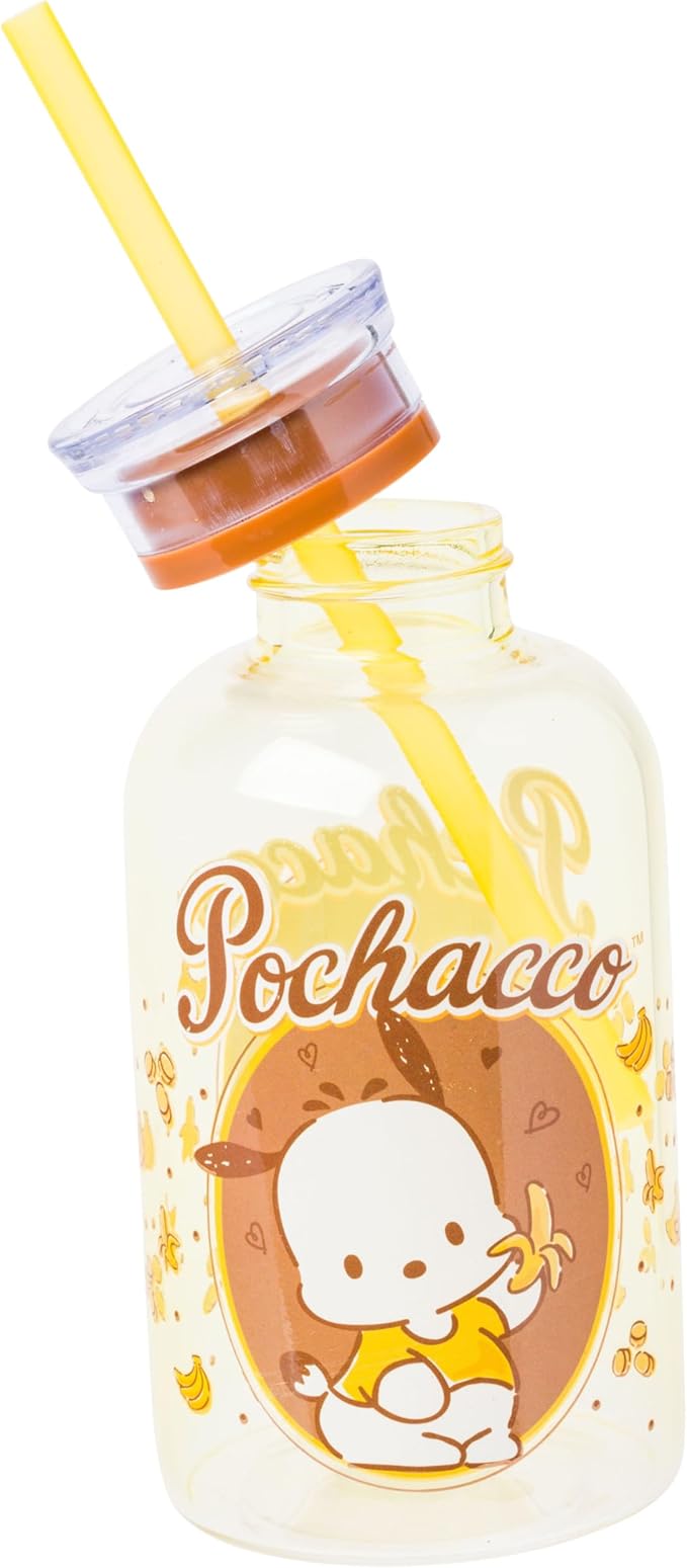 Silver Buffalo Sanrio Hello Kitty and Friends Featuring Pochacco Bananas Glass Milk Bottle with Straw, 15 Ounces