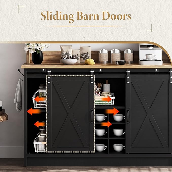 4ever2buy Farmhouse Coffee Bar Cabinet with Hutch, 47 Inch Buffet Cabinet with Storage, Wine Bar with 9 Wine Racks and 6 Hooks, Coffee Bar Table with Adjustable Shelves for Living Dining Room, Black