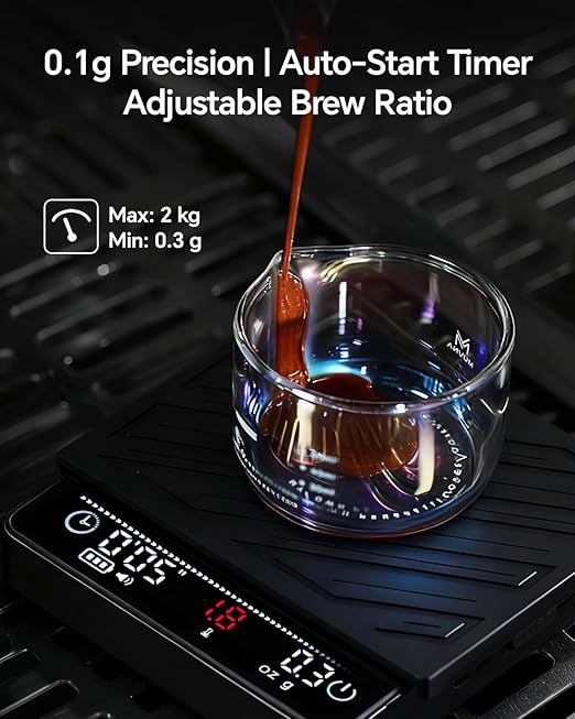 MUVNA Espresso Coffee Scale with Timer & Flow Rate Indicator - 2kg/0.1g Precision Digital Scale with Waterproof Silicone Mat for Pour Over, Coffee Bean Weight, Kitchen, Black
