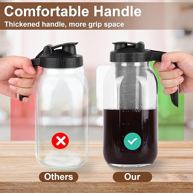 Cupluw Cold Brew Coffee Maker Pitcher,32 Oz Glass Mason Jar Pitcher with V-shaped Pour Spout Handle Lid,Stainless Steel Filter for Iced Coffee,Iced tea,Breast Milk,Fruit Drinks,lemonade-Black