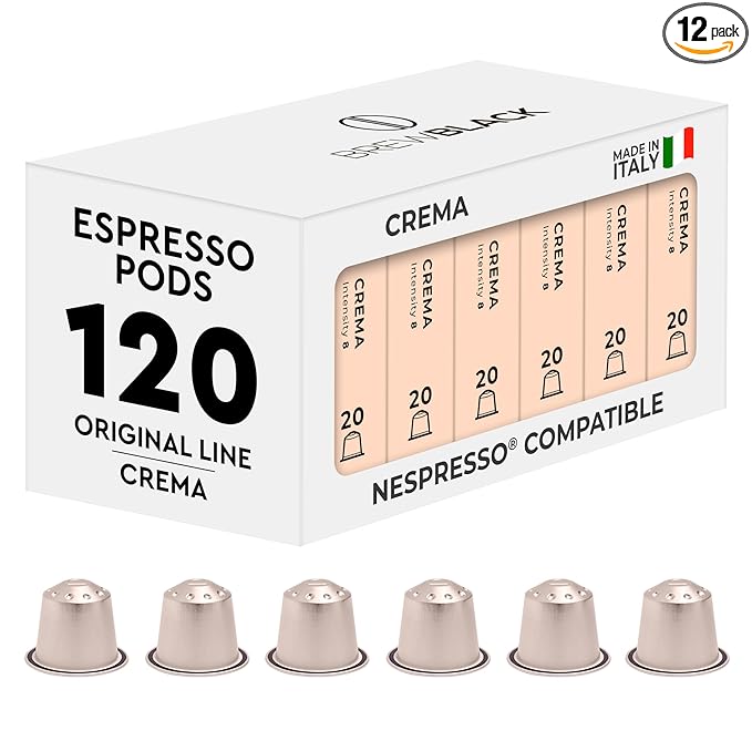 BrewBlack Crema Coffee Capsules - 120 Aluminum Coffee Pods Compatible with Nespresso Original line, Medium Roast - Intensity 8/12, Made in Italy