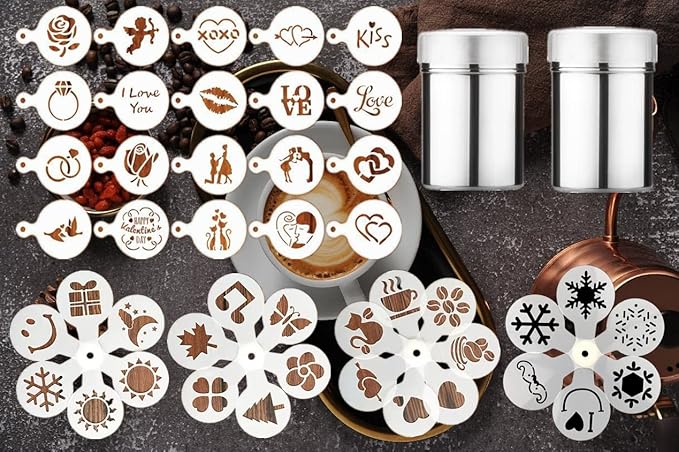 45 Coffee Stencils+2 Mesh Powder Shakers, Cake Baking Templates Coffee Decoration Stencils Coffee Art Template Coffee Mold Tool for Christmas Thanksgiving Cake Coffee Cappuccino