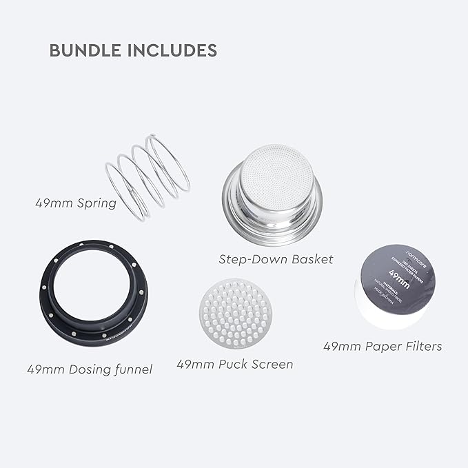 Normcore 58mm to 49mm Step-Down Portafilter Basket Kit, CNC-machined From a Solid Block of 304 Stainless Steel, 0.28mm Holes, Includes Dosing Funnel, 49mm Puck Screen, 200 Papers Filter