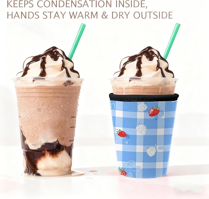Blue Gingham Strawberry Iced Coffee Sleeve Set of 3 Fits S/M/L 3-Pack Cute Summer Fruit Pattern Insulated Coffee Sleeve for Women Gifts