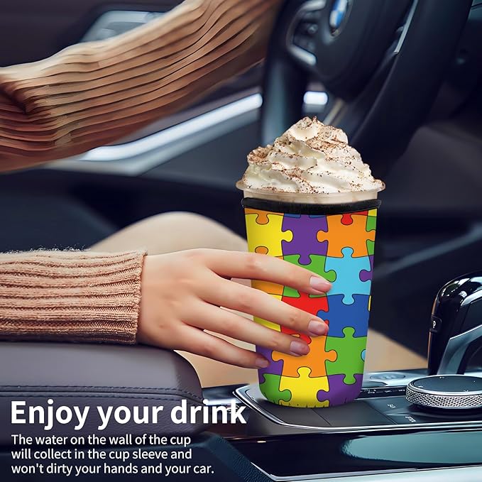 Reusable Neoprene Insulator Sleeve for Iced Coffee Cups, Medium 22-28oz Durable Drink Sleeve for Cold Beverages, Cute Beverage Holder Cup Sleeve for Women Men Cute Jigsaw