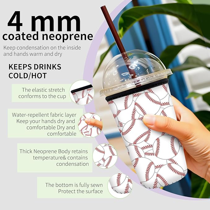 Reusable Neoprene Insulator Sleeve for Iced Coffee Cups, Medium 22-28oz Durable Drink Sleeve for Cold Beverages, Cute Beverage Holder Cup Sleeve for Women Men Cute Baseball