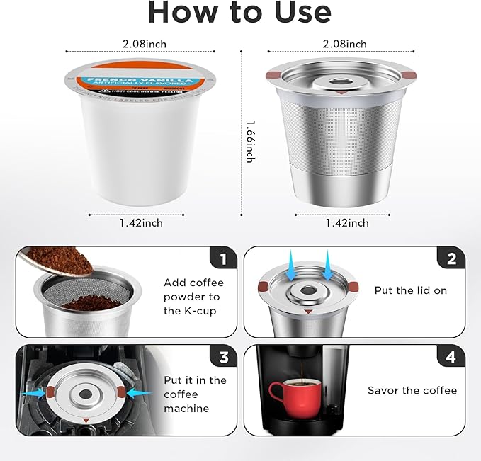 Reusable K Cups,Stainless Steel K Cups for Keurig,Keurig Reusable Coffee Pods for Keurig 1.0 & 2.0 Coffee Makers BPA-Free Refillable Coffee Filters (4)