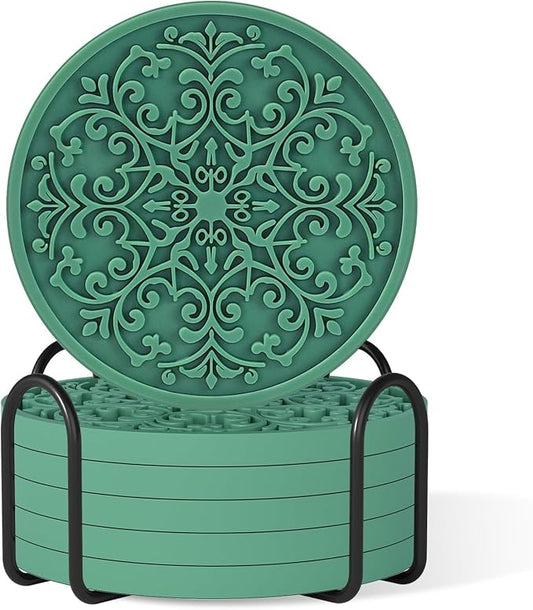 Drink Coasters, Coasters Set of 6 for Cup with Holder, Non-Slip Silicone Cup Mats for Hot and Cold Drinks, Cute Absorbent Coffee Bar Accessories Table Decor, Green