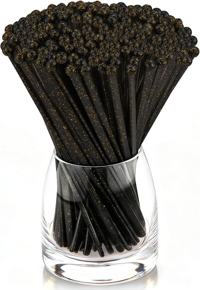 100 PCS Black Gold Glitter Plastic Swizzle Sticks, Crystal Cake Pops, Cocktail Coffee Drink Stirrers, Lolipop Stick for Christmas New Year Party, 7.10 Inch