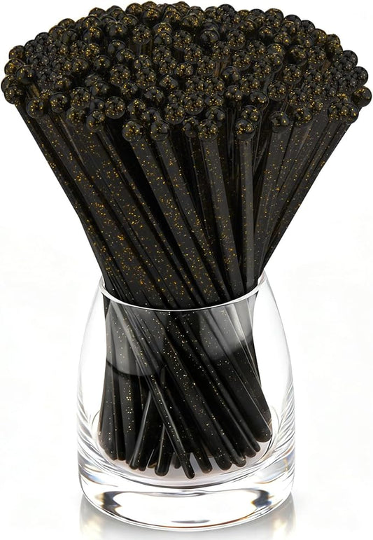 100 PCS Black Gold Glitter Plastic Swizzle Sticks, Crystal Cake Pops, Cocktail Coffee Drink Stirrers, Lolipop Stick for Christmas New Year Party, 7.10 Inch
