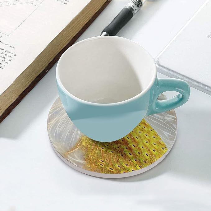 Round-6PCS Peacock Ceramic Coasters, Round Absorbent Drink Coasters, Vintage Style Beautiful Gold White Peacock Ceramic Table Coasters for Coffee, Beverage, Wine, Beer Coasters