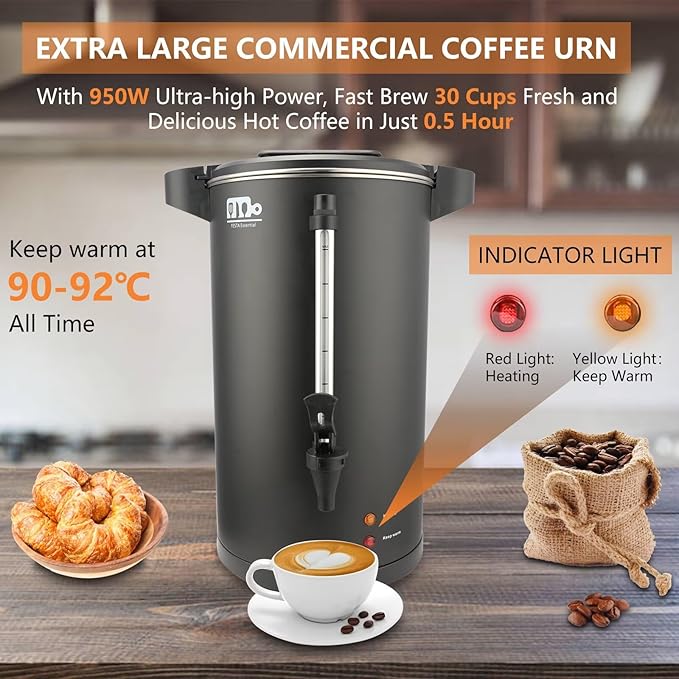 30-Cup 6L Commercial Coffee Urn, Festa Essential 750W Double Wall Large Percolate Coffee Maker Stainless Steel Hot Water Urn Dispenser with Double Dripless Faucet, Quick-Brewing for Catering, Black