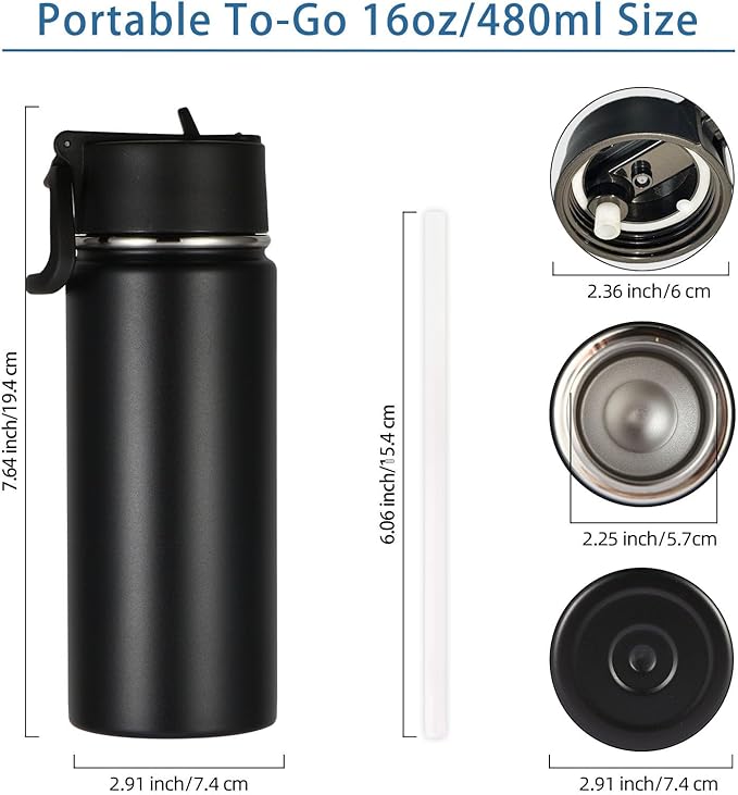 Volhoply 16 OZ Kids Water Bottle Bulk 2 Pack,Insulated Sports Bottles with Straw Lid,Stainless Steel Bottle with Handle Keep Cold & Hot,Double Wall Vacuum Tumbler Cups for School,Girls(Black, 2)