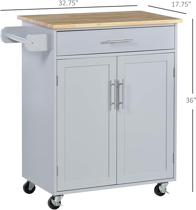 HOMCOM Kitchen Island Cart, Rolling Island Table with Solid Wood Top, Trolley Cart with Drawer, Storage Cabinet & Towel Rack, Gray