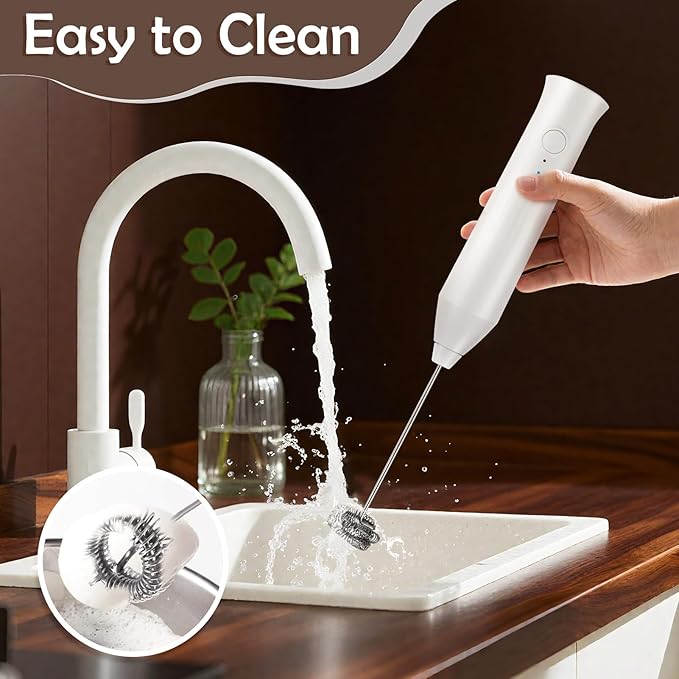 Powerful Milk Frother - Electric Handheld Milk Frother with Stand, Milk Jug and 2 Stainless Steel Blenders, Rechargeable 3 Speed Coffee Latte Cappuccino Matcha (White)