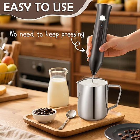 Powerful Milk Frother - Electric Handheld Milk Foam Maker with Stand, Milk Jug and 2 Stainless Steel Whisks, Rechargeable 3 Speeds for Coffee Lattes Cappuccino Matcha（Black）