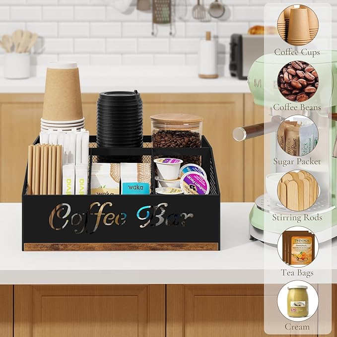 BCOZLUX Coffee Station Organizer, Rustic Brown Wooden Countertop Coffee Bar Accessories Organizer with Metal Mesh Compartments for Pods, Syrup, Cups, Stirrer, Tea