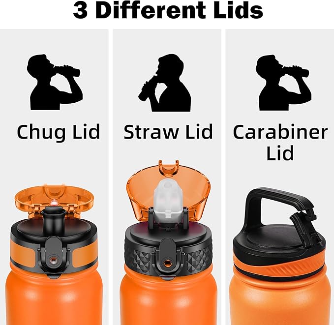 Oldley Insulated Water Bottle 32oz Water Bottles with Straw, Stainless Steel Water Bottle with 3 Lids, Double Wall Vacuum Bottels for Adults School Kids,Leak-Proof Sport Bottles, Ombre Orange-green