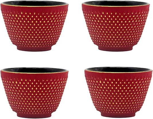 Japanese Cast Iron Tea Cups, Small and Heavy Teacups with no Handles, Japanese Style Cups for Adults, Asian Teacup, Coated with Enameled Interior, 4 Pcs/Box (Red, 3.38oz/100ml)