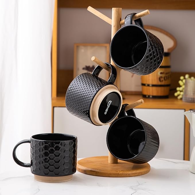 GBhome 15OZ Stackable Coffee Mugs, Ceramic Coffee Mugs with Texture Patterns for Man,Woman,Dad,Mom, Modern Coffee Cups Set of 4 for Latte/Cappuccino/Cocoa. Dishwasher&Microwave Safe，Black