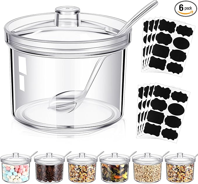 Tioncy 6 Pcs Hot Cocoa Bar Supplies Sugar Bowls with Lid and Spoon Party Bar Ice Cream Sundae Caramel Apple Dipping Container Christmas Acrylic Candy Dispenser with Tag (7.1 oz,Clear)