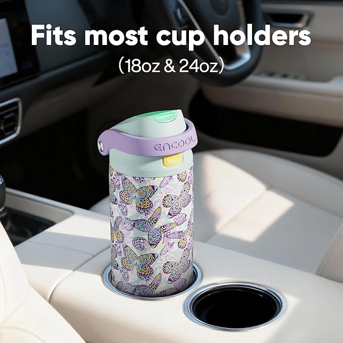 ENCOOL Leakproof Insulated Water Bottle with Straw Dual-Sip Water Bottle Bag-Safe Design for Work, Commute & Gym – Keeps Drinks Cold All Day, 24 oz, Mosaic Butterfly