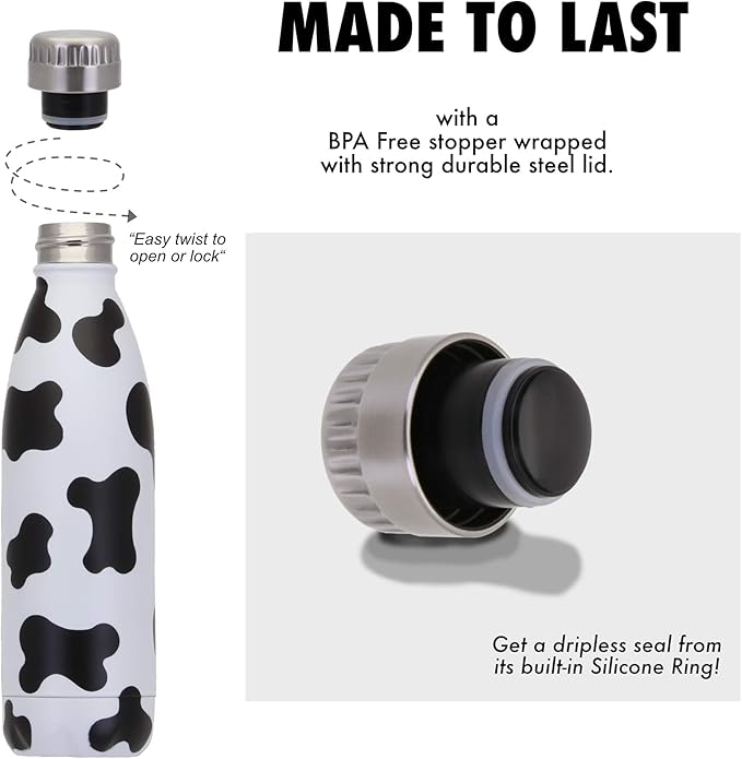 Holstein Cow Print Water Bottle - 17oz Vacuum Insulated Stainless Steel Bottle - Double Wall Copper Lined Thermos - Leak Proof & Sweat Free - Aesthetic Cow Gifts for Women & Adults by Vastigo