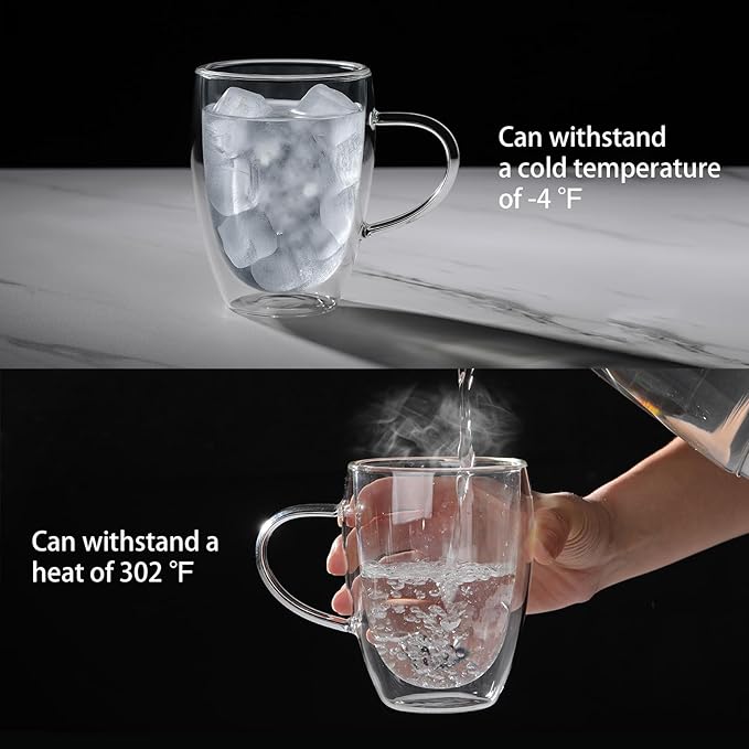Aurzen Double Wall Glass Coffee Mug, 12oz Clear Latte Mug with Handles, Clear Cups for Tea, Beverages,Expresso, Juice, Milk Microwave Safe Set of 2