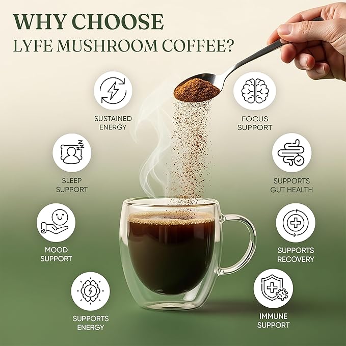 LYFE Organic Instant Mushroom Coffee, 40 Servings – Lion’s Mane, Chaga, Cordyceps & Turkey Tail | USA Grown Adaptogenic Blend for Energy, Focus & Wellness - Natural Superfood Coffee for Daily Vitality