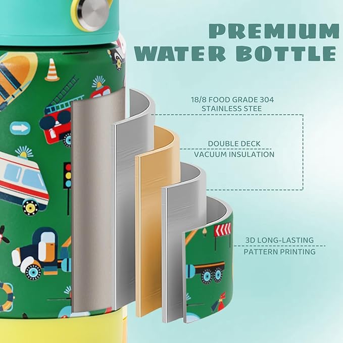 Kids Insulated Water Bottle with Straw Lid, 12 oz BPA-FREE Double Wall Vacuum Tumbler 18/8 Stainless Steel Leak Proof Kids Cups with Straw for School Travel Boys Girls (Car)
