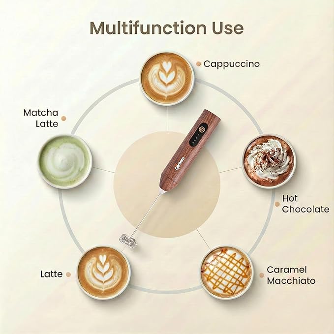 Gerbera Rechargeable Milk Frother Handheld,3 Speed Adjustable Electric Whisk Foam Maker, Handheld Drink Mixer, Frother Wand,Milk Foamer for Protein Powder, Drinks (Wood Brown)