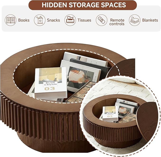 SZTHHDF Round Coffee Table for Living Room,Fluted Drum Accent Tea Center Table with Storage,Circle Modern Coffee Tables for Small Space Office Apartment (31.5" L×31.5''W×14''H-Walnut)