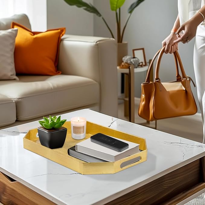 MAONAME Gold Decorative Tray with Handles, Foil Serving Tray for Ottoman, Octagonal Coffee Table Trays for Living Room, Bathroom, 16.5" L x 12.2" W x 1.6" H