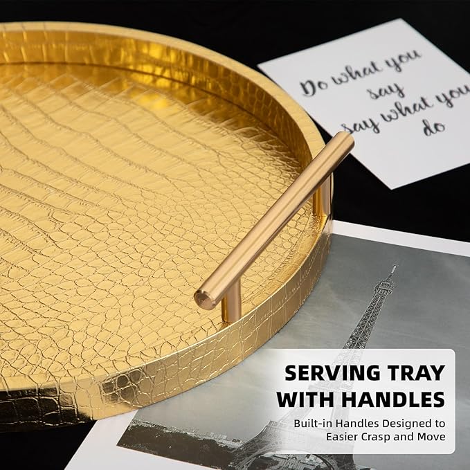 Modern Decorative Tray Set of 2, Wooden Round Crocodile Leather Tray with Polished Metal Handles, Decorative Serving Trays Coffee Table Trays Ottoman Platter for Home Decor (Golden)