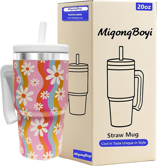 2PCS 20-OZ Insulated Water Bottle,Insulated Stainless Steel Tumbler,Reusable Cold Drink Thermos,BPA-Free, Double-Wall Stainless Steel Water Bottle (Pink-Rainbow Flowers, 20, Fluid Ounces)