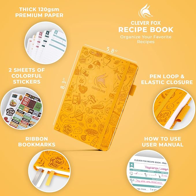 Clever Fox Recipe Book - Make Your Own Family Cookbook & Blank Recipe Notebook Organizer, Empty Cooking Journal to write in recipes, A5, stores 60 recipes, Amber Yellow