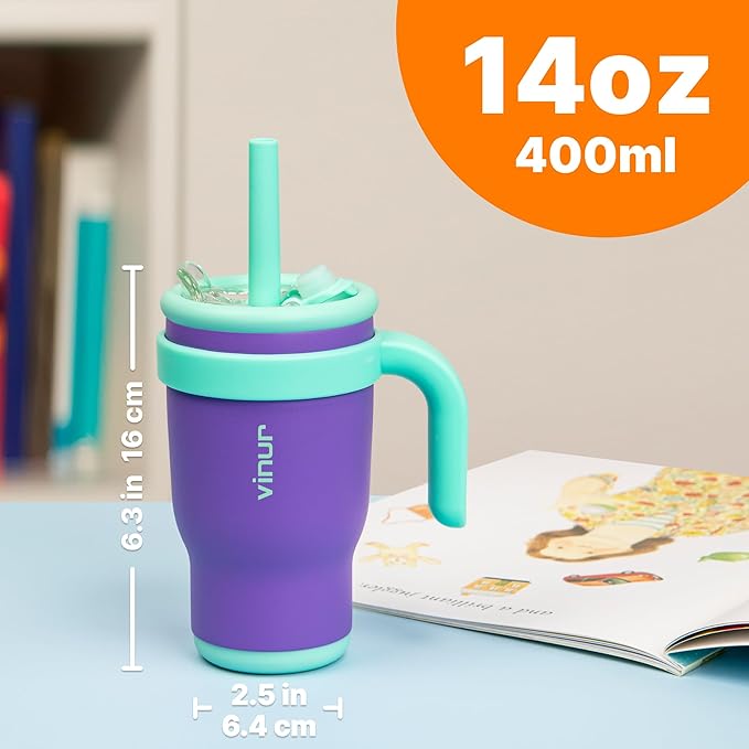 VINUR Kids Tumbler with with Lid and Straw -14 oz Stainless Steel Vacuum Insulated Tumbler Travel Mug with Handle & Silicone Base-Gifts for Girls, Purple