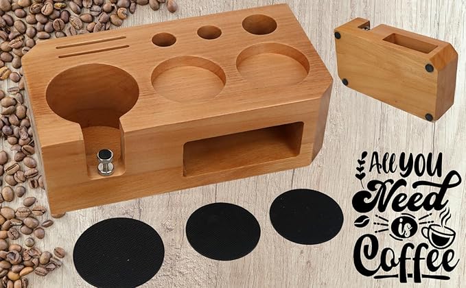 Espresso Tamping Station With Tools - 51, 53, 54 mm - Includes Tamper, Distributor, Dosing Funnel & Brush - Wooden Coffee Tamper Station - Espresso Organizer Portafilter Holder, Gift for Mom Dad Wife