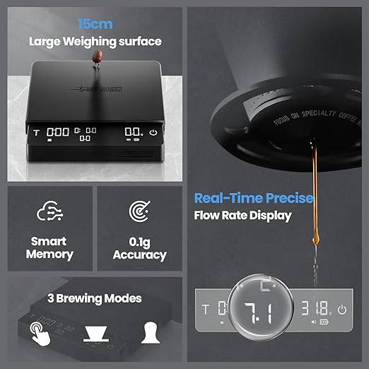 MHW-3BOMBER Extra-Large Coffee Scale with Timer, 5.9 * 5.9in, Digital Pour-Over Scale with Flow Rate, 2kg/0.1g Espresso Scale, 3-Brew Mode, Rechargeable Coffee Bean Weight Scale,Black,ES5663