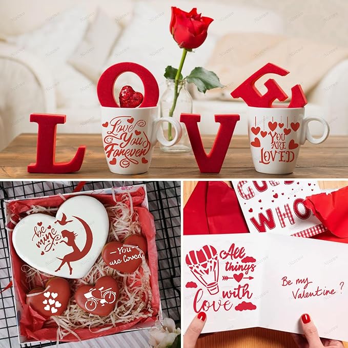 Valentines Day Cake Stencils Kit Reusable Cookie Coffee Stencil Drawing Template for Dessert Buttercream Painting Envelopes DIY Crafts Wall Floor Decor (9 Pcs Love Words)