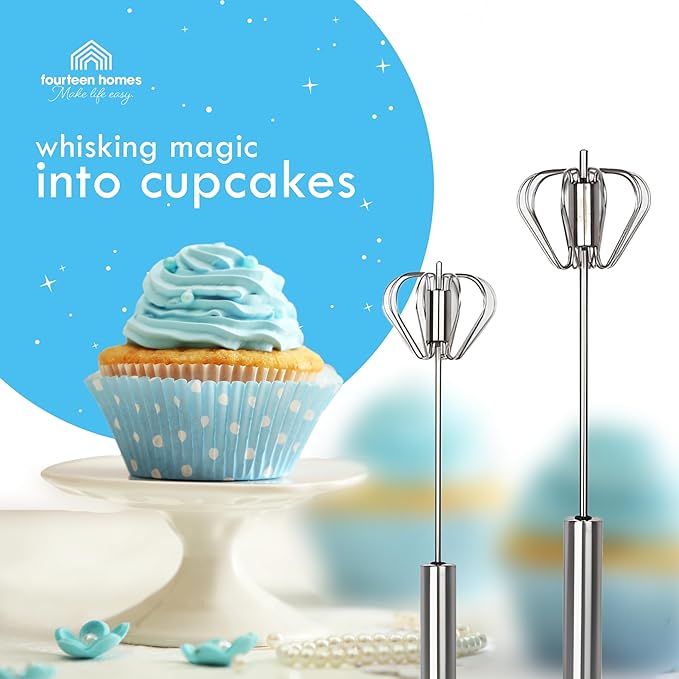 Fourteen Homes Stainless Steel Egg Whisk - Hand Push Rotary Blender & Versatile Milk Frother, 12in - Ideal for Blending, Whisking, Beating & Stirring