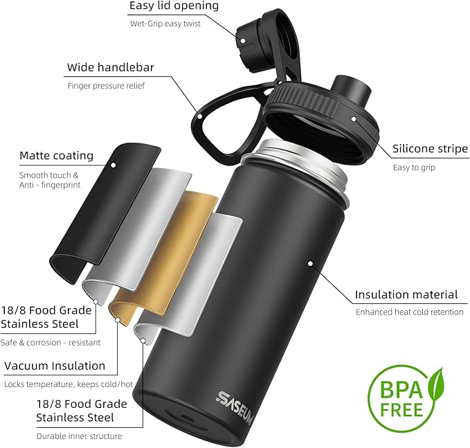 SASEUM Kids Sport Water Bottle 16oz Stainless Steel Double Wall Vacuum Thermal Mug with Leak Proof Spout Lids, Wide Mouth Metal Insulated Water Jug for Gym and Travel（Black）