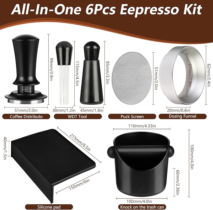 Espresso Accessories,6 PCS Espresso Machine Accessories Kit,Coffee Tamper Tools Set with Espresso Tamper,Coffee Tamping Mat,WDT Distribution Tool,Knock Box,Dosing Funnel and Puck Screen(51mm)