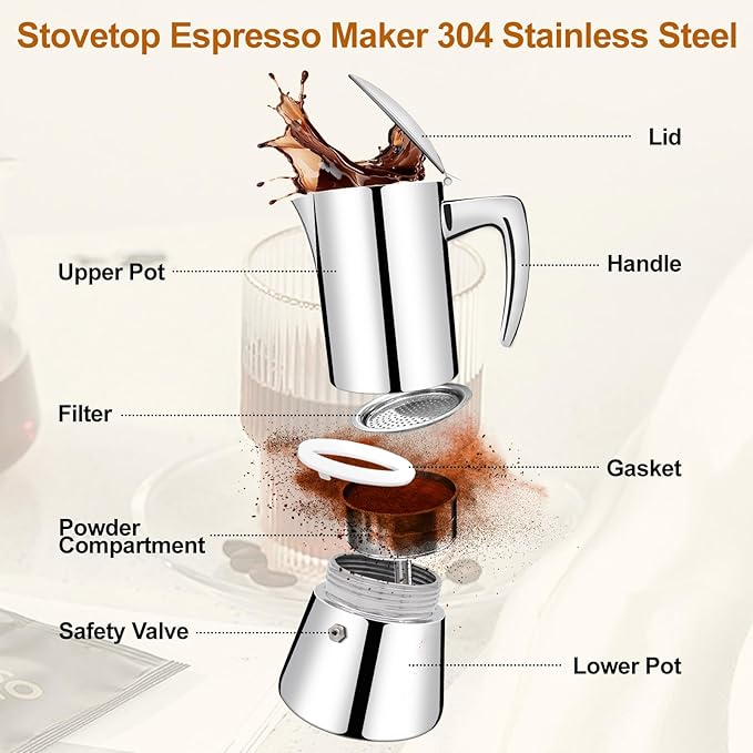 Vaolvpant No Coating 12 Cup Thickened 304 Stainless Steel Moka Pot Stovetop Espresso Maker Italian Coffee Machine 600ml 20.3oz Suitable for Gas Induction Stovetop Greca Coffee Maker Percolator