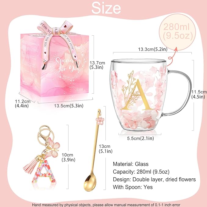 Personalized Gift for Women Cute Monogrammed Double Wall Glass Coffee Mug Tea Cup with Spoon Customized Birthday Valentine Mother's Day Christmas Gift for Mom Wife Friends Sister Coworker(Letter A)