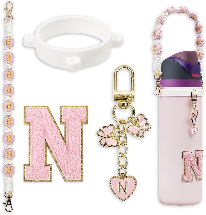 Compatible with Owala Water Bottle Accessories, Cute Letter Charm Set with Boho Handle Strap, Monogram Sticker, Silicone Ring, Keychain Decoration, for FreeSip 24 32 40oz, Owala Kids, Tumbler Gift